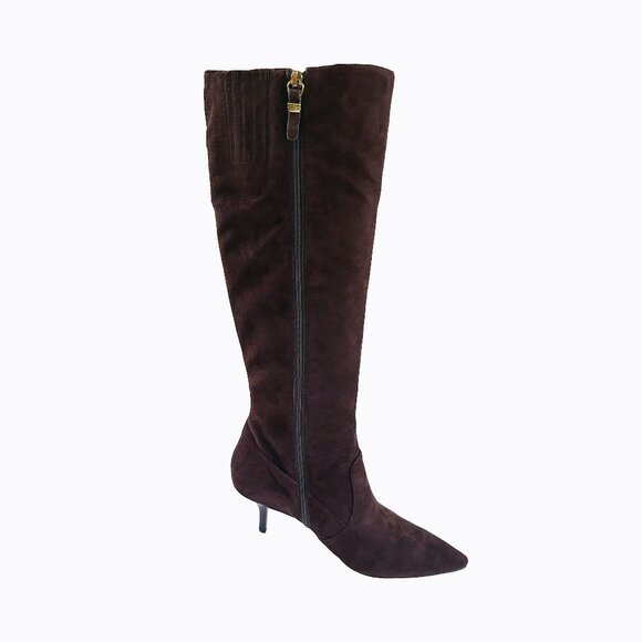 Via Spiga Vero Cuoio Suede Leather Tall Boot 8M Kitten Heel Chocolate Brown Y2K - Picture 1 of 11